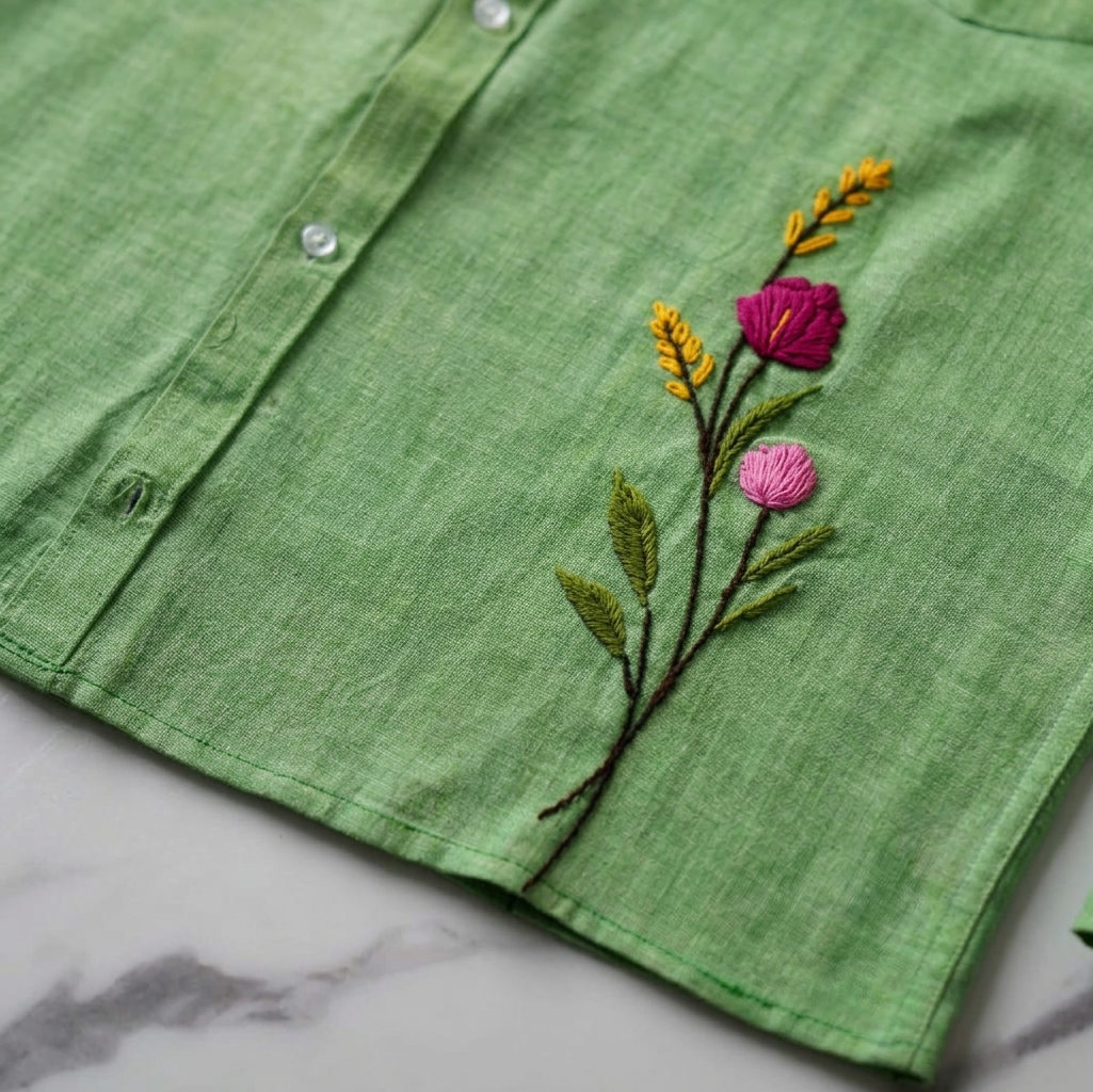 LUNA GARDEN - EMBROIDERED KHADI SHIRT - PISTA
