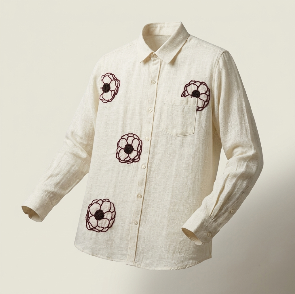 ASTRAL FLORA - HAND EMBROIDERED KHADI SHIRT - CREAM