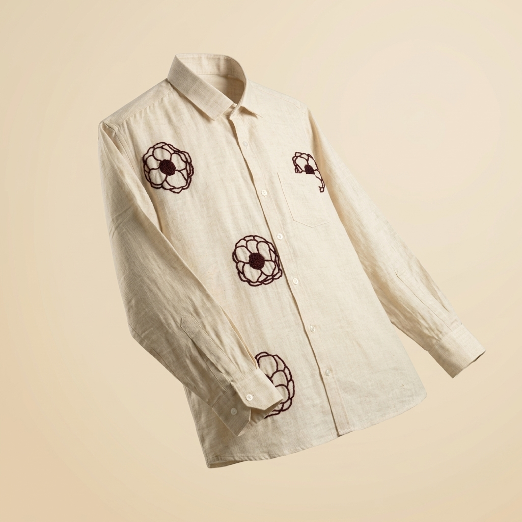 ASTRAL FLORA - HAND EMBROIDERED KHADI SHIRT - CREAM